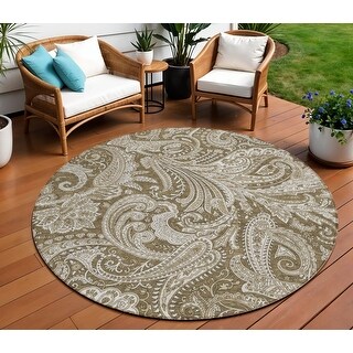 8' Chocolate Beige And Ivory Round Paisley Washable Indoor Outdoor Area ...