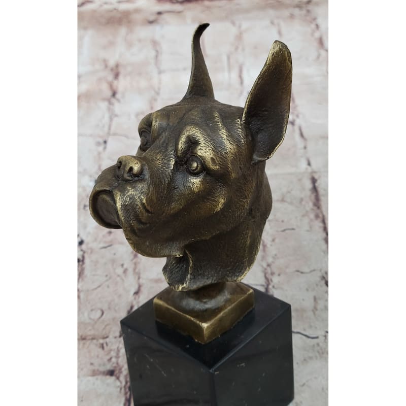 Boxer Dog Breed Bronze Metal Bust Sculpture Statue Signed Original Art On Marble Base