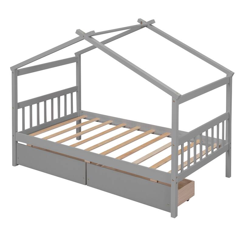 Twin Size Wooden House Bed with Storage Drawers, Fun Kids Bed with Roof Design