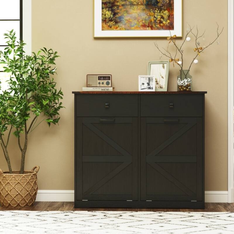 Tilt Out Trash Cabinet, Freestanding Wooden Trash Recycling Cabinet, Hidden Dual Laundry Cabinets with 2 Drawers & 2 Baskets