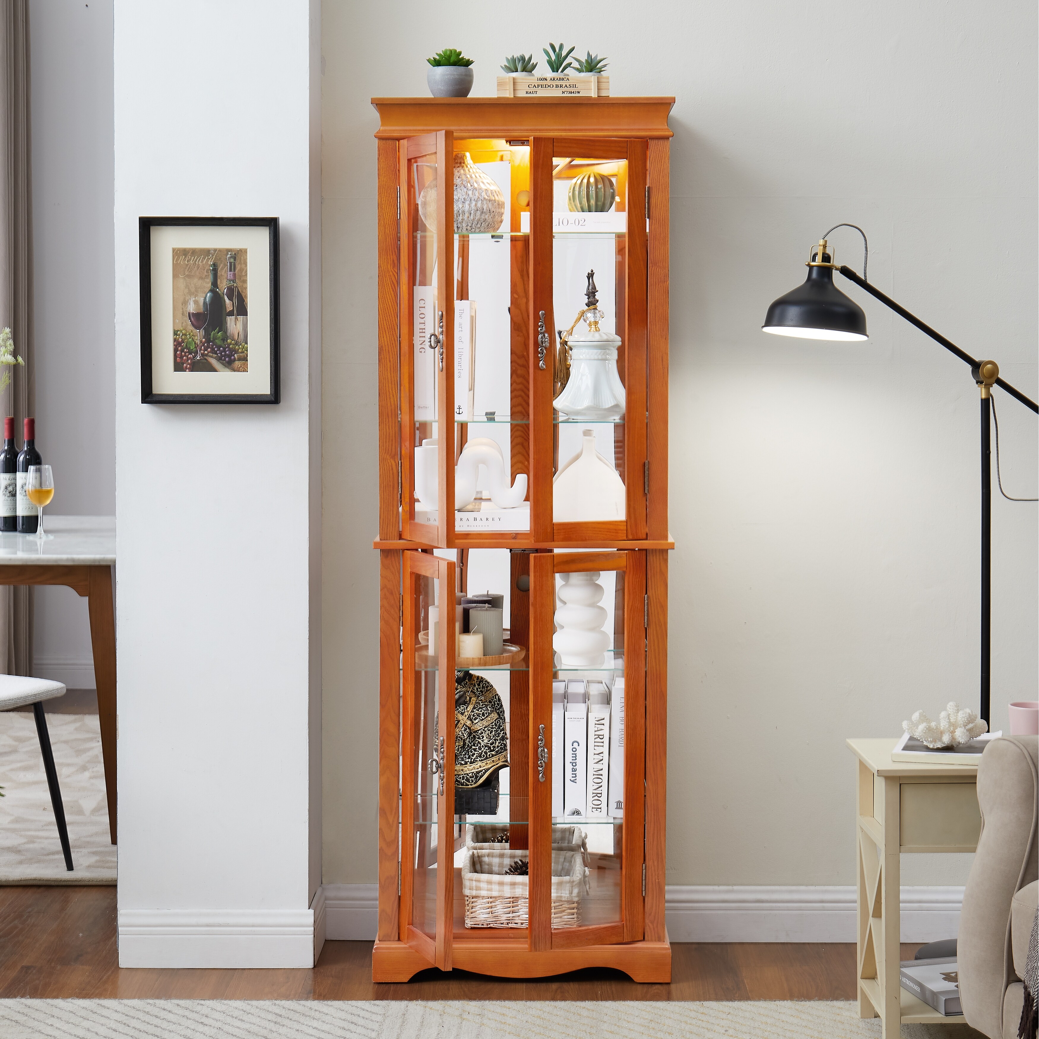 Lighted Glass Curio Display Cabinet With Wood Frame - Elegant Glass Storage For Wine, Toys & Collectibles