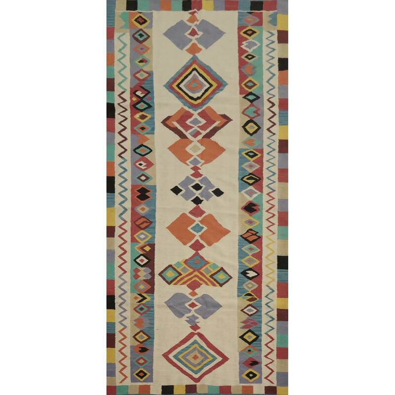Hand Woven Oriental 100% Wool Carpet Southwestern Modern Beige & Ivories Kilim Area Rug - 12' 0'' X 5' 1''