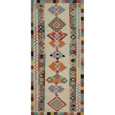 Hand Woven Oriental 100% Wool Carpet Southwestern Modern Beige & Ivories Kilim Area Rug - 12' 0'' X 5' 1''