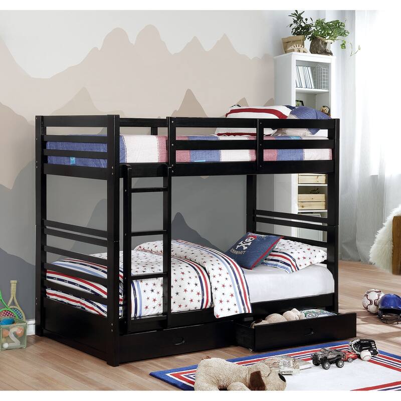 Classic Twin Over Twin Bunk Bed with Two Drawers and Attached Ladder, Black