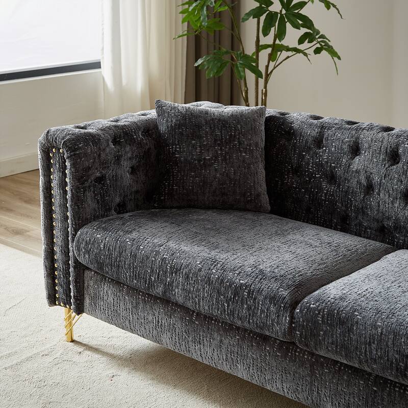 Buttons Tufted Pull Buckle Design Sofa with Copper Nail Decoration Armrest and Metal Legs