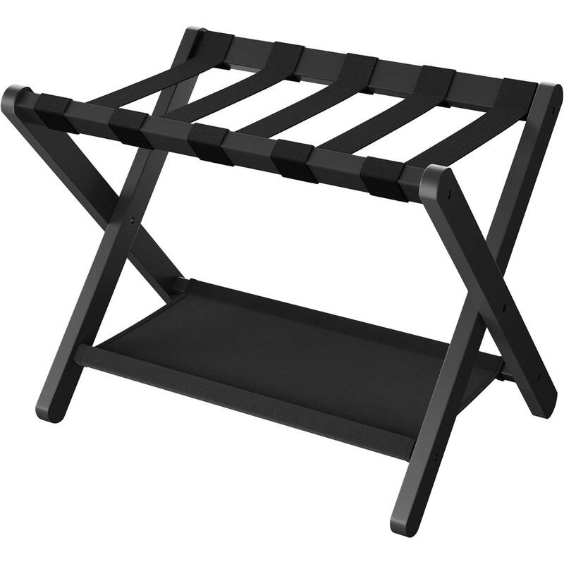 Wood Luggage Rack with Shelf Foldable Suitcase Stand with Nylon Straps for Guest Room or Hotel