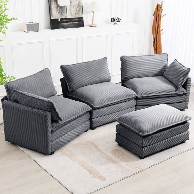 3-Seat Corduroy Modular Sofa with an Independent Removable Ottoman for Living Room or Business