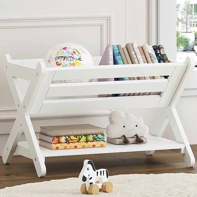Kids Bookshelf with Caddy, Toddler Bookshelf - White