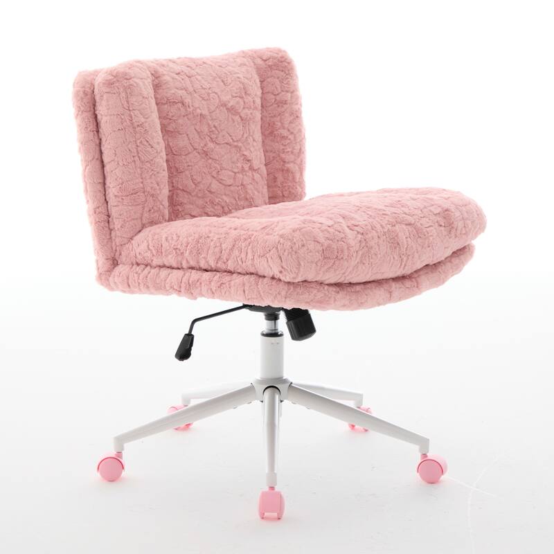 Roomfitters Wide Faux Fur Office Chair, Adjustable Swivel Desk Chair with White Metal Base, Cozy Upholstered Vanity Chair