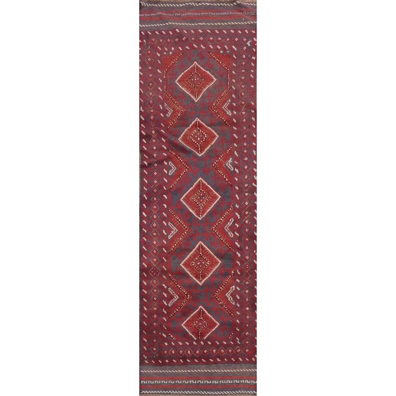 Hand Knotted Oriental 100% Wool Carpet Traditional Tribal Red Balouch Runner Rug - 8' 4'' X 2' 1''
