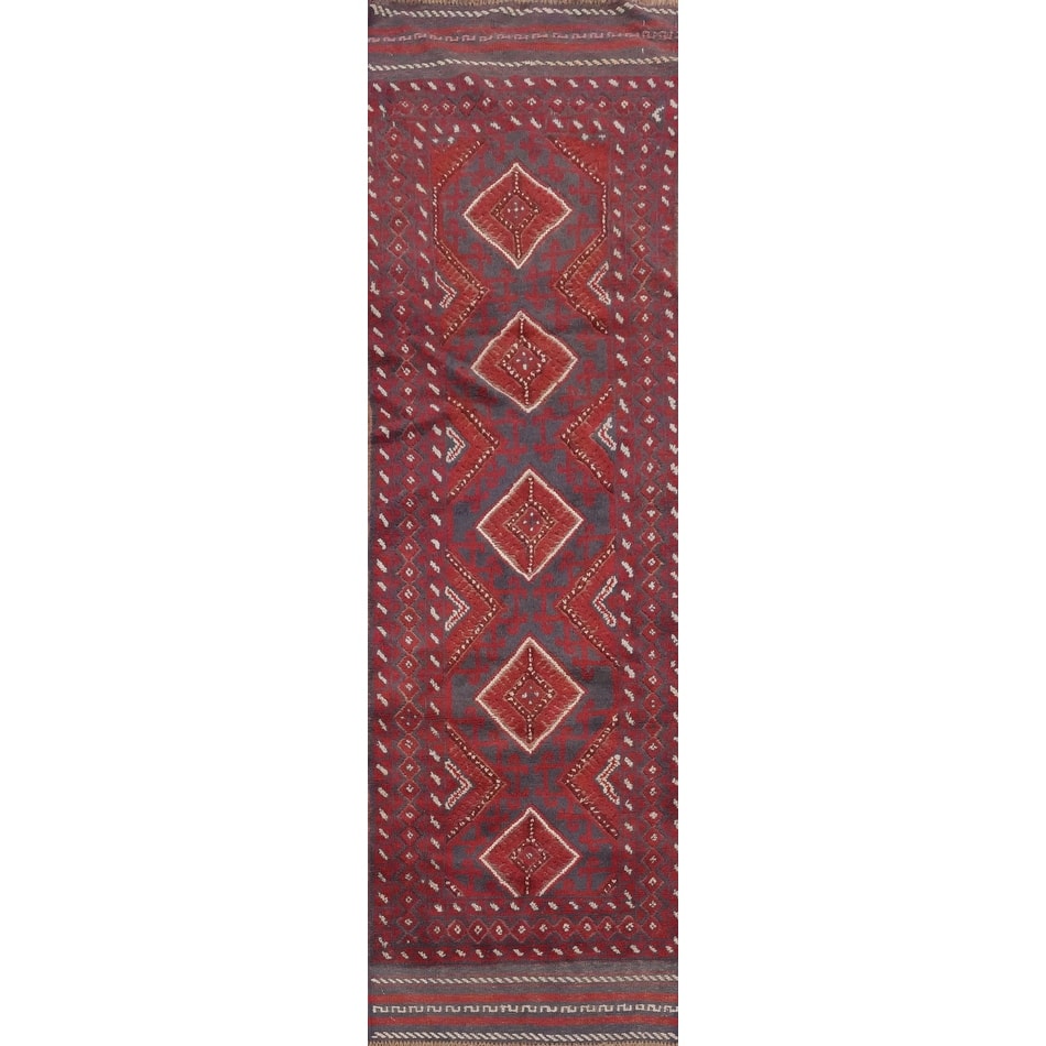 Hand Knotted Oriental 100% Wool Carpet Traditional Tribal Red Balouch Runner Rug - 8' 4'' X 2' 1''