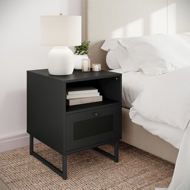 Mid-Century Modern Side Table with Storage Drawer and Shelf - 17"W x 19"D x 22"H - Black