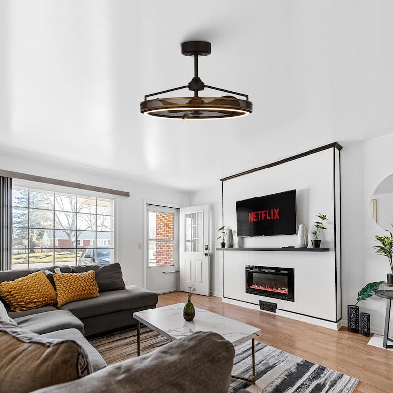 27-inch Industrial Bronze Mesh Caged Bladeless Ceiling Fan with LED Light and Remote