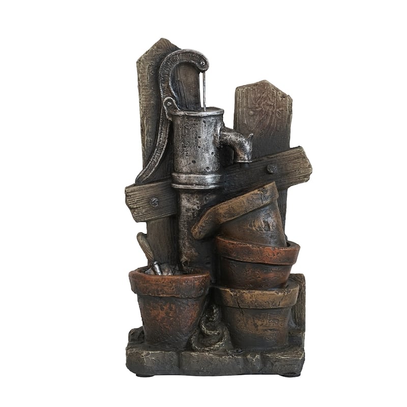 7.7x3.9x13.6" Brown and Gray Water Fountain with Antique Water Pump Design and LED Light - Lighted