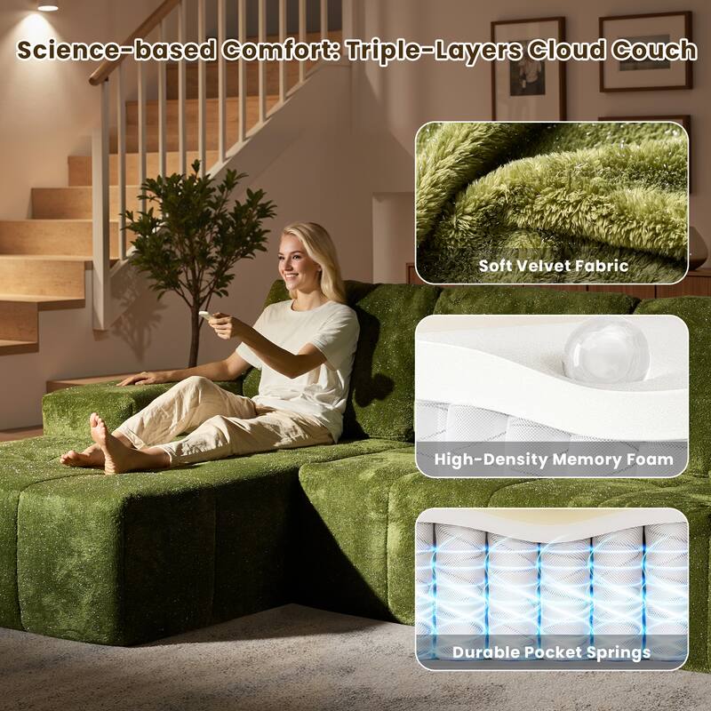 HOOOWOOO Modern Sparkly Velvet Fabric Chaise Sofa Couch with Ottoman