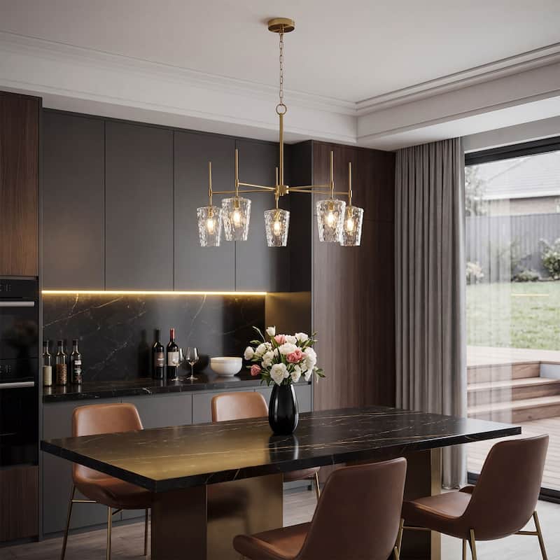 5-Light Modern Gold Chandelier with Ripple Glass Shades, Height-Adjustable Pendant - 31.5'' W × 31.5'' D × 89.2'' H