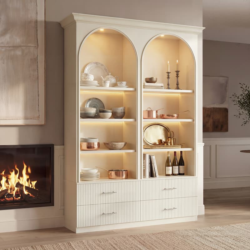 Modular Bookcase with LED Lights, Glass Door Storage Cabinet with Drawers, Large Display Shelving Unit Sideboard