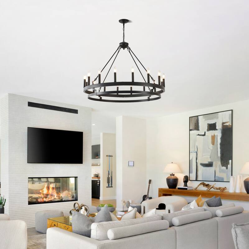 39 Inch 16-Lights Matte Black Wagon Wheel Chandelier with light E12 - Black