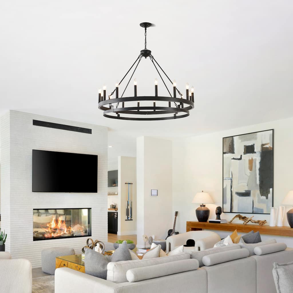 39 Inch 16-Lights Matte Black Wagon Wheel Chandelier with light E12