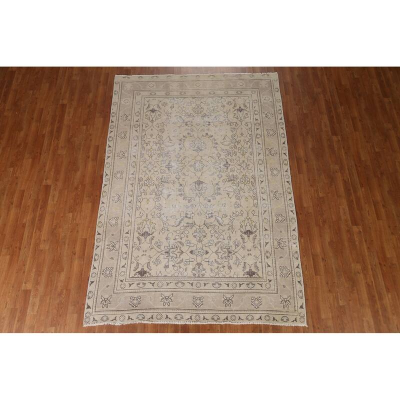 Hand Knotted Oriental 100% Wool Carpet Traditional Floral Beige & Ivories Tabriz Area Rug - 8' 9'' X 6' 0''