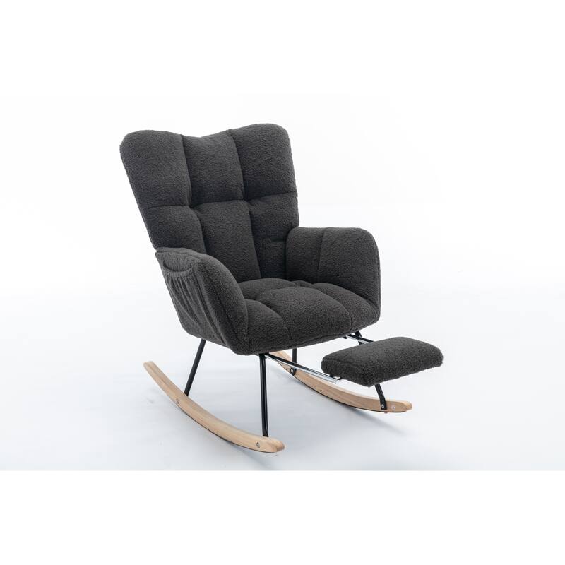 High Backrest Nursery Rocking Chair, Teddy Upholstered Glider Chair with Footrest, Recliner Chair with Solid Wood Legs