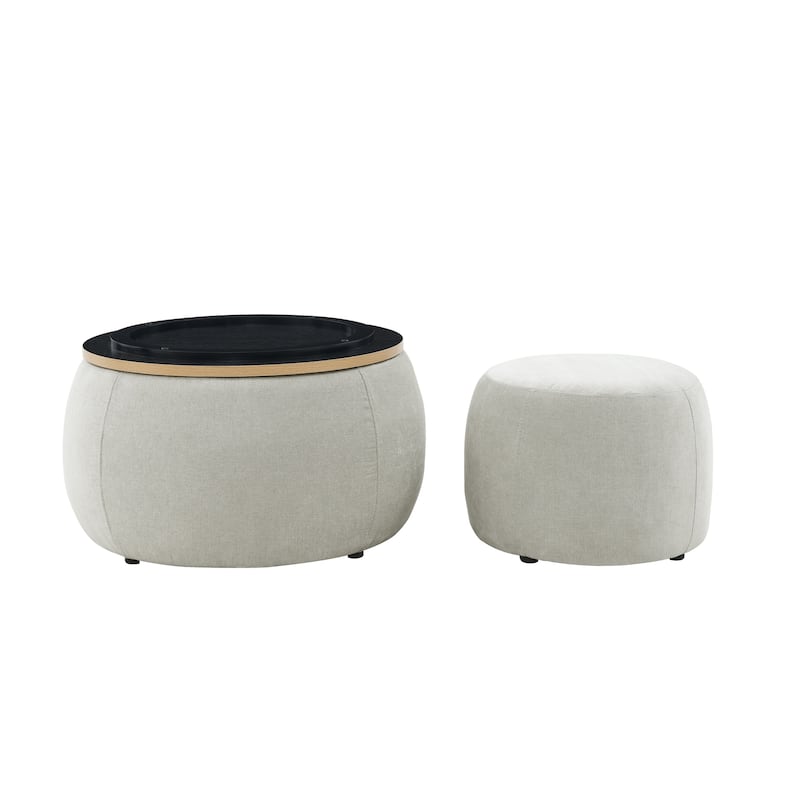 Roomfitters Round Storage Ottoman with Small Seat, 2-in-1 Design Serves as End Table or Footrest, Accent Furniture