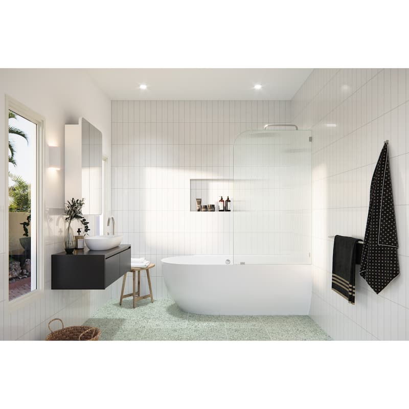 Aurora 58.25" x 34" Frameless Bath Shower Door - Single Fixed Panel Fluted Frosted Radius Right Hand
