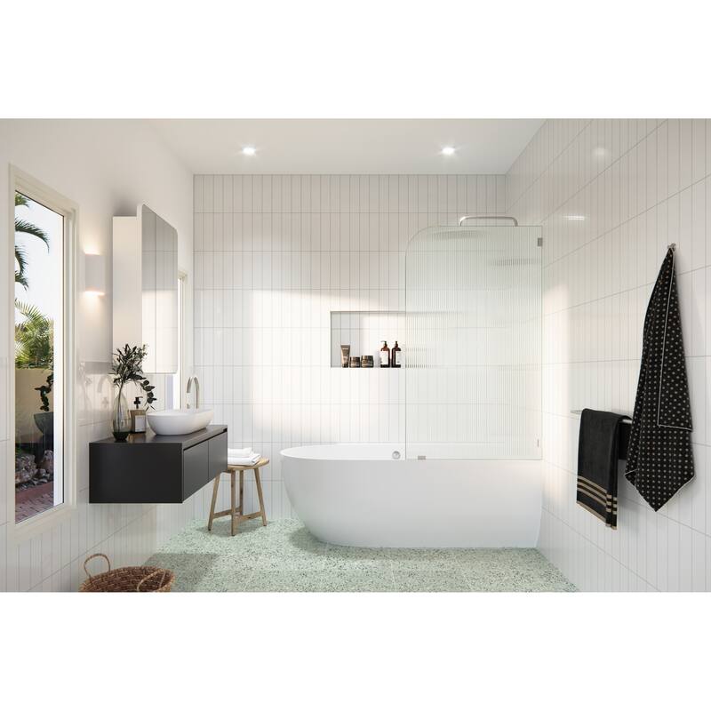 Aurora 58.25 in. x 30 in. Frameless Bath Shower Door - Single Fixed Panel Fluted Frosted Radius Right Hand