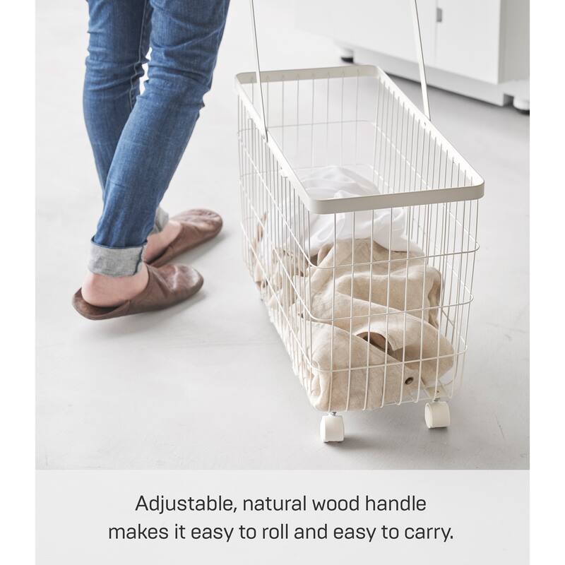 Yamazaki Home Rolling Wire Basket, Steel and Wood, 9.2 gallons, 35L, Holds 11 lbs - L 9.84 x W 21.85 x H 14.76 inches