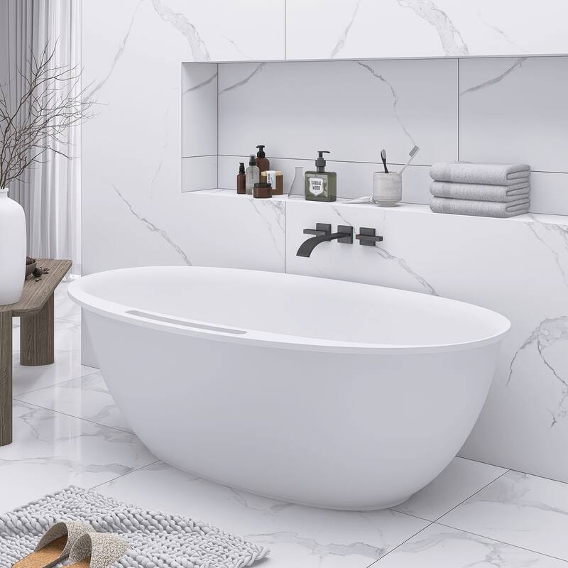 63/67 Inch Stone Resin Solid Surface Freestanding Soaking Bathtub with Center Drain in Matte White