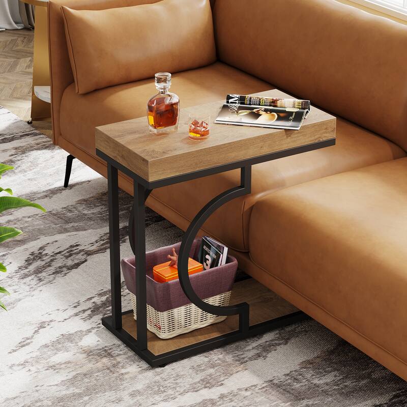 2 Tiers C Shaped Narrow End Chairside Table for Living Room