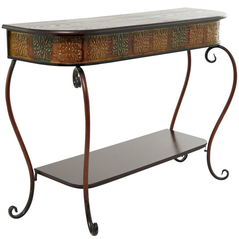 Brown Metal Embossed 1 Shelf Floral Console Table with Ornate Scroll Legs