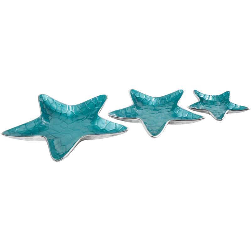 White or Teal Aluminum Metal Handmade Textured Enameled Starfish Decorative Bowl with Silver Base (Set of 3)