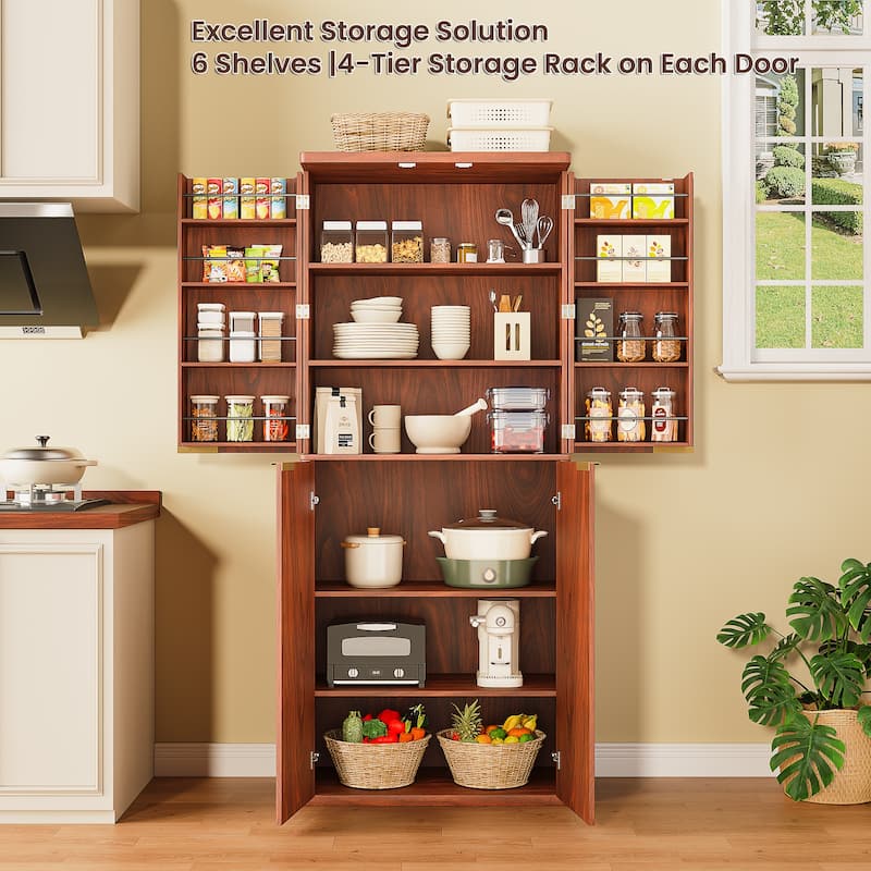 72" Tall Kitchen Pantry Modern Fluted Wood Storage Cabinet with Doors,6 Door Shelves, Organizer, Versatile Cupboard