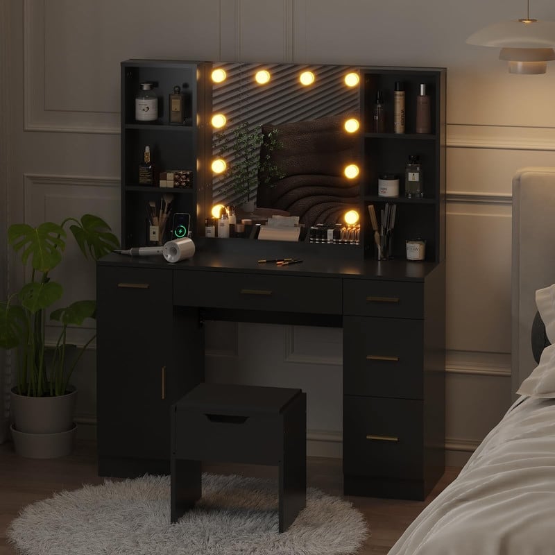 55.7" Dressing Table with LED Lights, Storage Shelves & Stool, Drawers