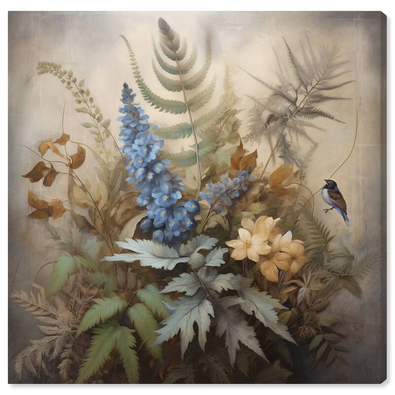 Wynwood Studio Canvas Floral and Botanical Little Bird in Still Life Blue and Violet Blue Traditional Wall Art Canvas Print