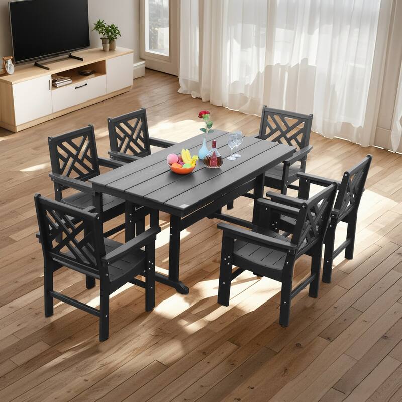 7 Piece HDPE Patio Outdoor Furniture Set for 6, Dining Table and Chairs,Outdoor Table with Umbrella Hole, Outdoor Dining