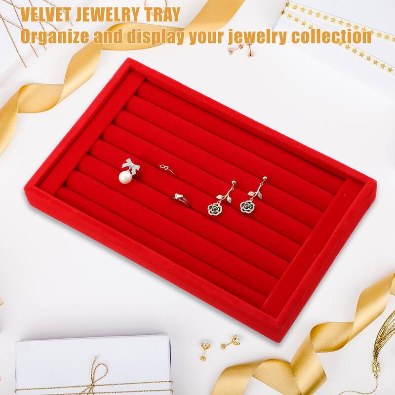 Velvet 7 Slots Jewelry Trays Stackable Tray for Rings Earrings Studs - Red