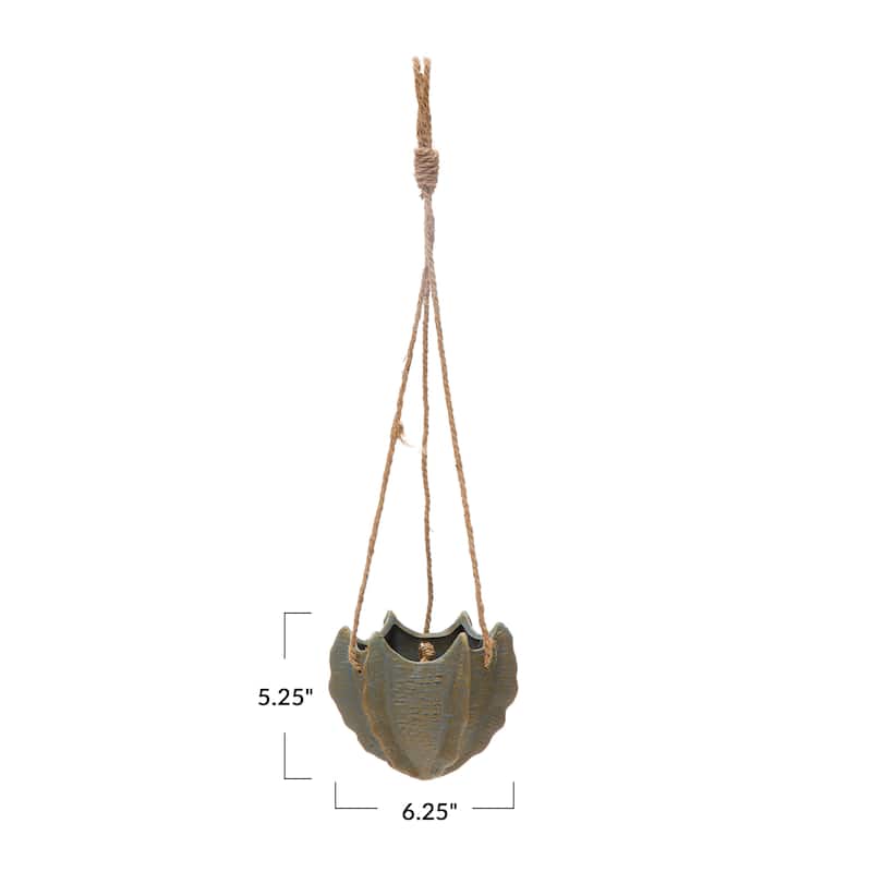 Hanging Stoneware Planter with Rope - 6.1"L x 6.1"W x 5.3"H