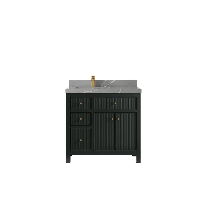 Willow Collections 36 in W x 22 in D Sonoma Left Offset Free Standing Reeded Bathroom Vanity with Countertop - 2" Piatra Gray - Dark Forest Green