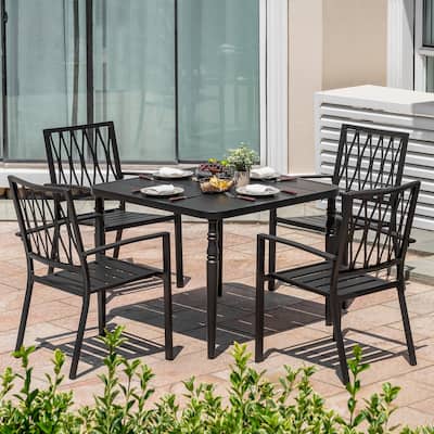 Patio Metal Dining Set with 4 Stackable Chairs and Umbrella Hole, Black