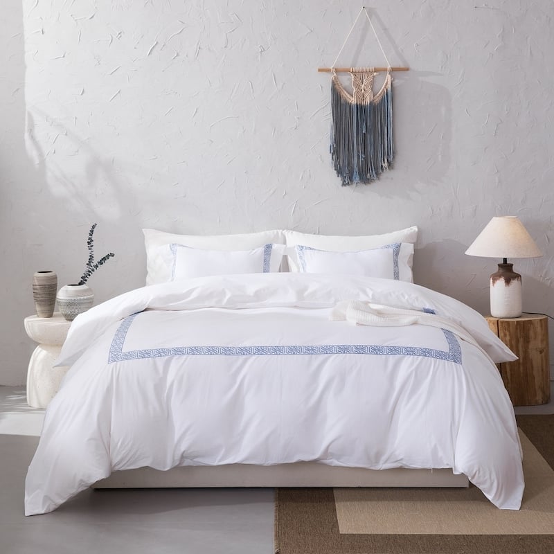 Wholelinens Cotton Percale Hotel Duvet Cover Set, Geo Embroidery - Queen