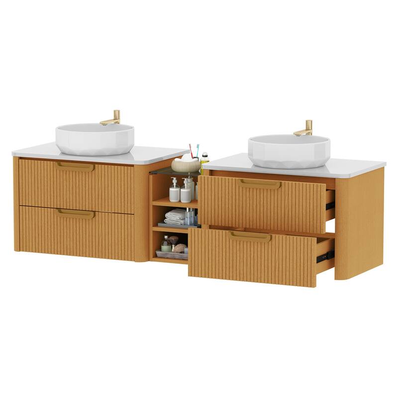 Moasis 72 Inch Floating Bathroom Vanity with 2 Faceted Ceramic Basins&4 Large Storage Drawers & 4 Open Spaces