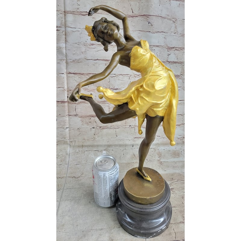 Art Deco Female Dancer Girl With Bow In Hair Gold Patina Bronze Statue Sculpture On Marble Base