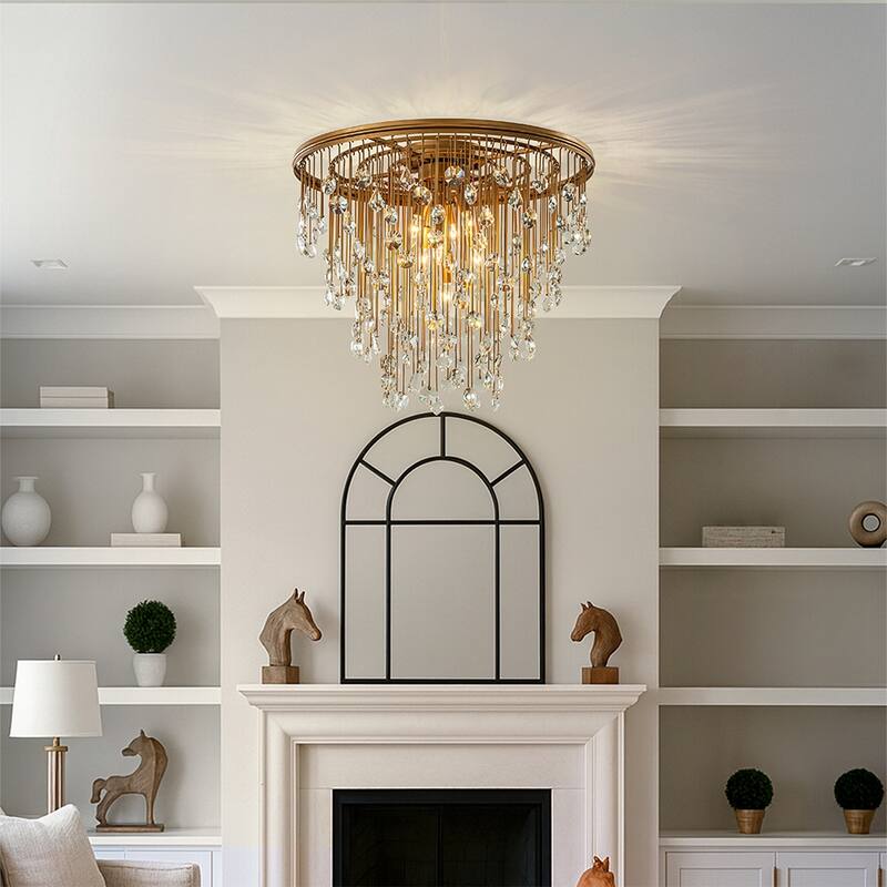 5/7-Light Contemporary and Glam Antique Gold Rain Drop Crystal Flush Mount