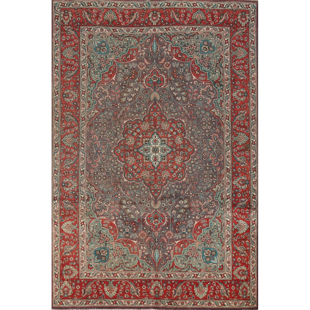 Hand Knotted Oriental 100% Wool Carpet Traditional Floral Purples Tabriz Area Rug - 9' 3'' X 6' 5''