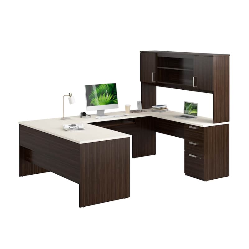 Bestar Ridgeley U-Shaped Office Desk with Cabinet and Hutch - White Chocolate & Dark Chocolate