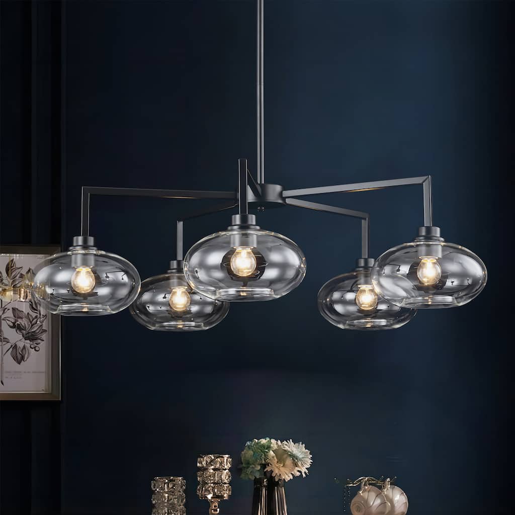 5-Light Modern Black Globe Chandelier Linear Sputnik Clear Glass Bubble Chandelier for Dining Room - 34.65 in. W x 10.24 in. H