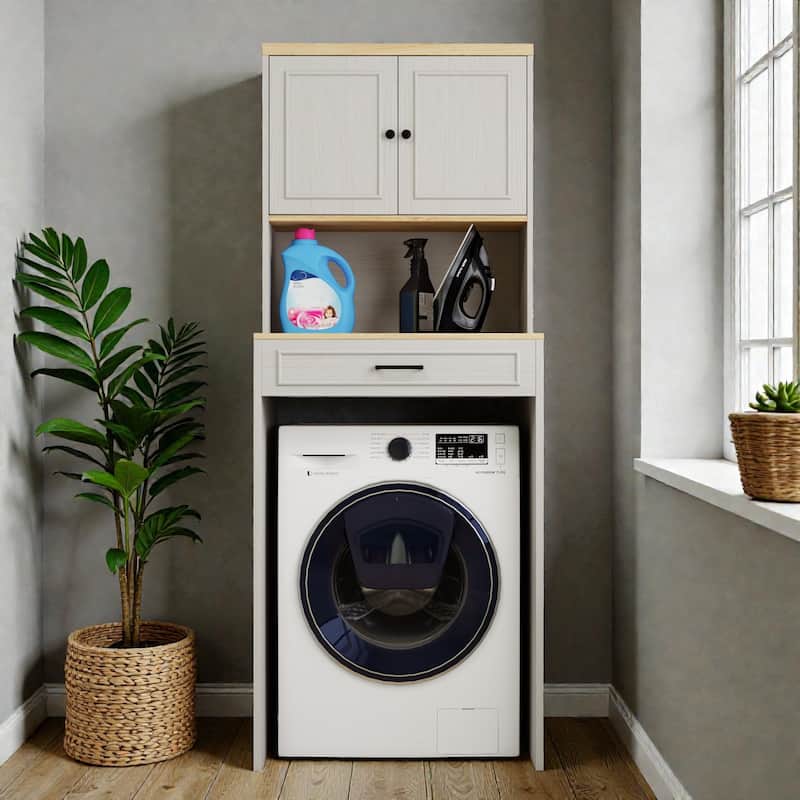 Over-the-Washer and Dryer Storage Cabinet with Adjustable Shelf, Fake Drawer Design, Laundry Room Organizer - Antique White
