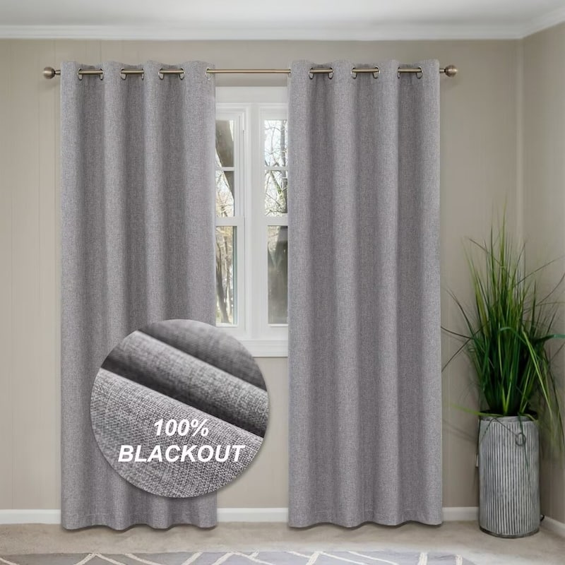 Linen Textured 100% Blackout Grommet Curtain Pair(Set of 2) - 52"Wx96"L - Light Grey